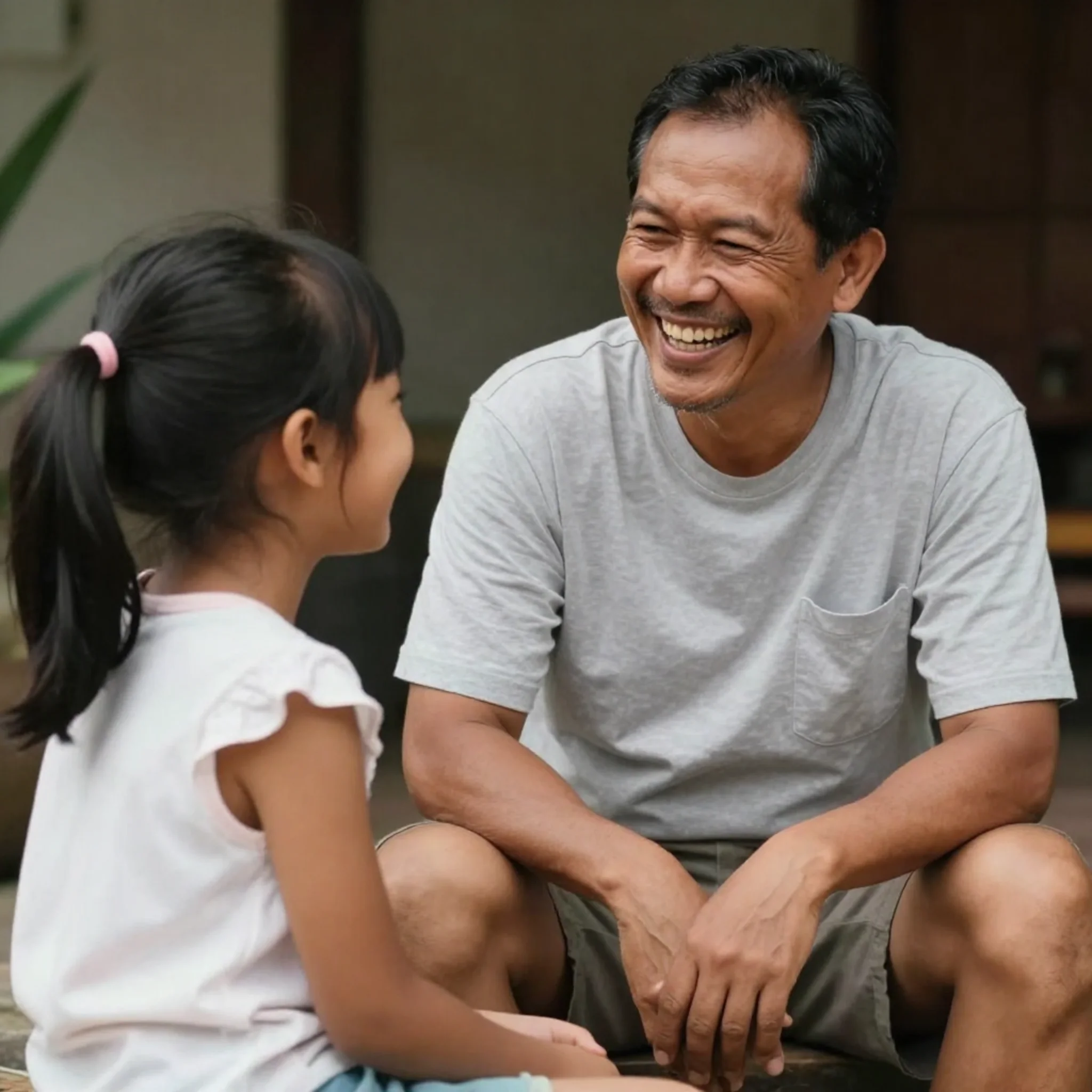 Orang dewasa sedang tertawa bersama perempuan kecil_artikel Om, apa kata dasar mengaum